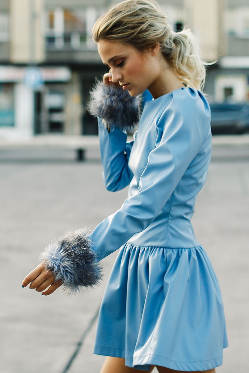 vestidos cortos polipiel azul claro mang larga manguitos pelo shopping