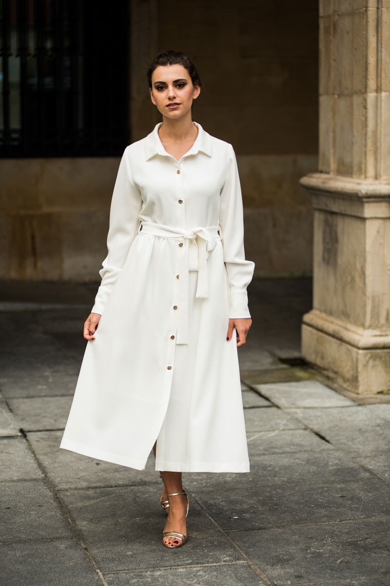 Vestido midi camisero crepe rizado blanco claro estampado flores abotonado manga larga para invitadas de boda, vestidos para fiestas