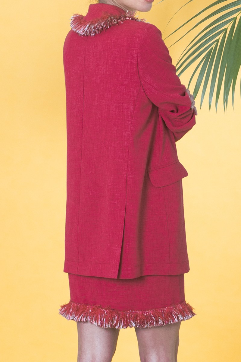 comprar online falda corta en rafia de color fresa con flecos para invitadas a boda, graduacion, ropa de fiesta apparentia