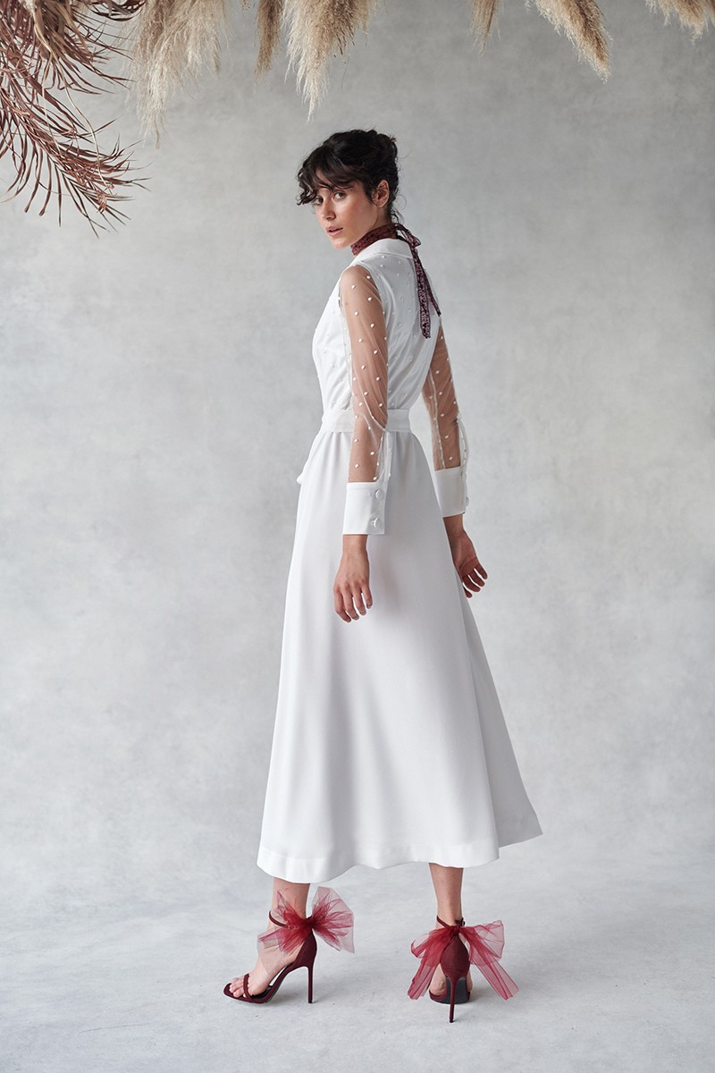 vestido camisero en tul con plumetti bordado y crep blanco para novia civil comprar online