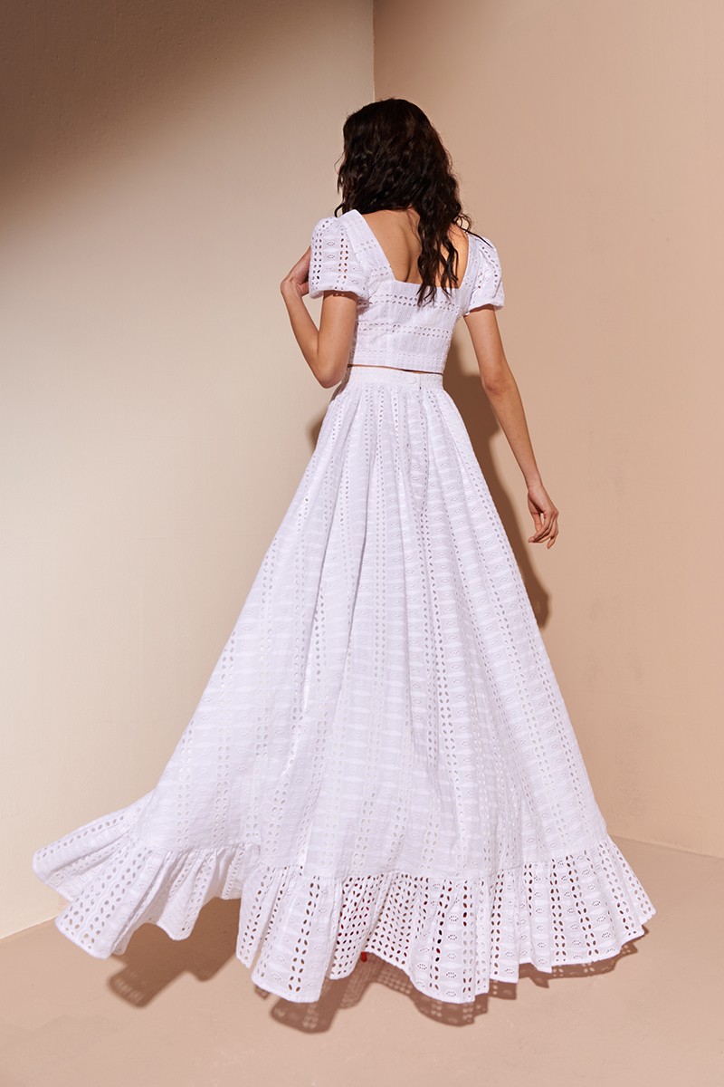 Comprar conjunto de top abullonado y falda larga troquelada blanco conjunto ibicenco para boda verano