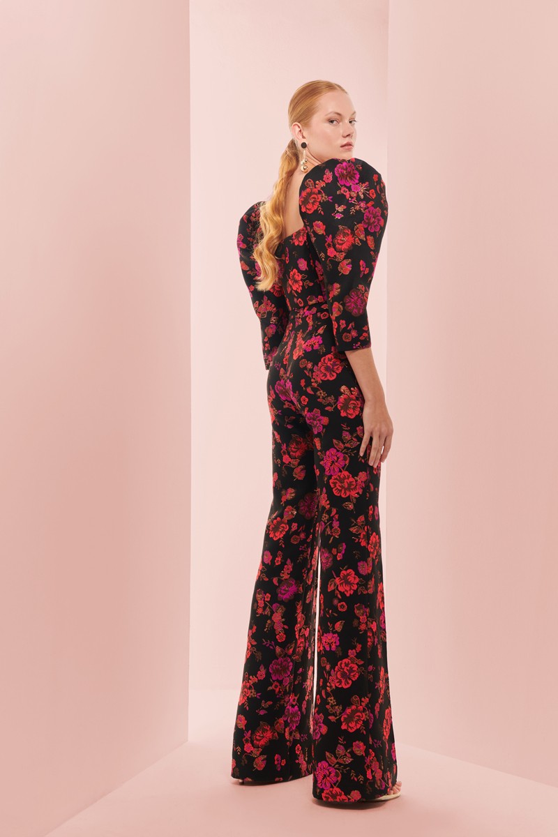 Pantalon de jacquard brocado negro con flores, conjunto para invitada de boda de otoño/invierno, mamá de bautizo y comunión, evento de trabajo, navidad