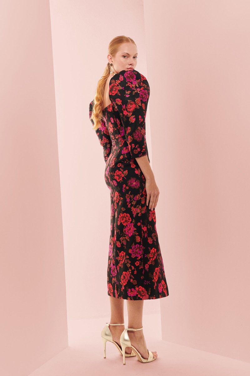top jacquard negro con flores con escote corazon y manga jamon para invitada de boda, mama de comunion, mama de bautizo, fiesta, evento