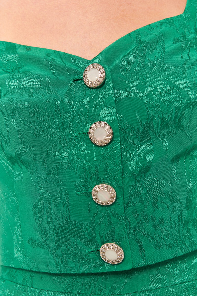 detalle top corto con escote corazon jacquard fluido verde y manga jamon con botones plata joya para invitada de boda, mama de comunion, mama de bautizo, fiesta, evento