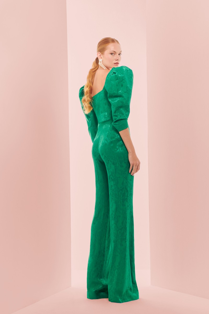 comprar cpnjunto palazzo y top corto con escote corazon jacquard fluido verde y manga jamon con botones plata joya para invitada de boda, mama de comunion, mama de bautizo, fiesta, evento
