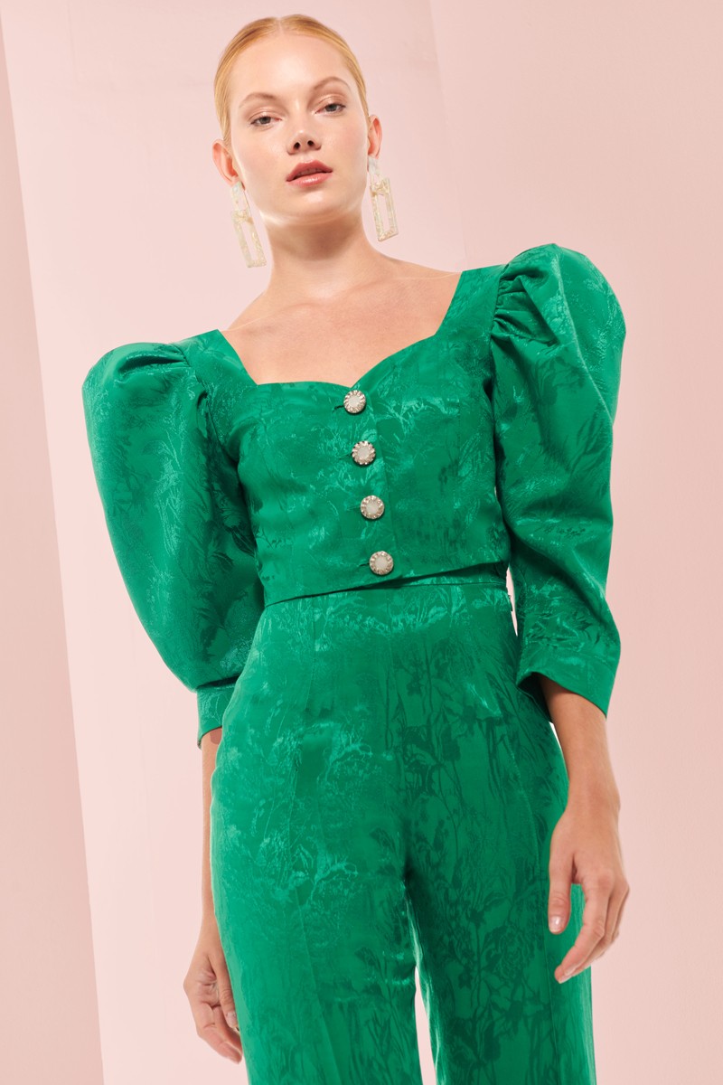 comprar top corto con escote corazon jacquard verde y manga jamon con botones plata joya para invitada de boda, mama de comunion, mama de bautizo, fiesta, evento