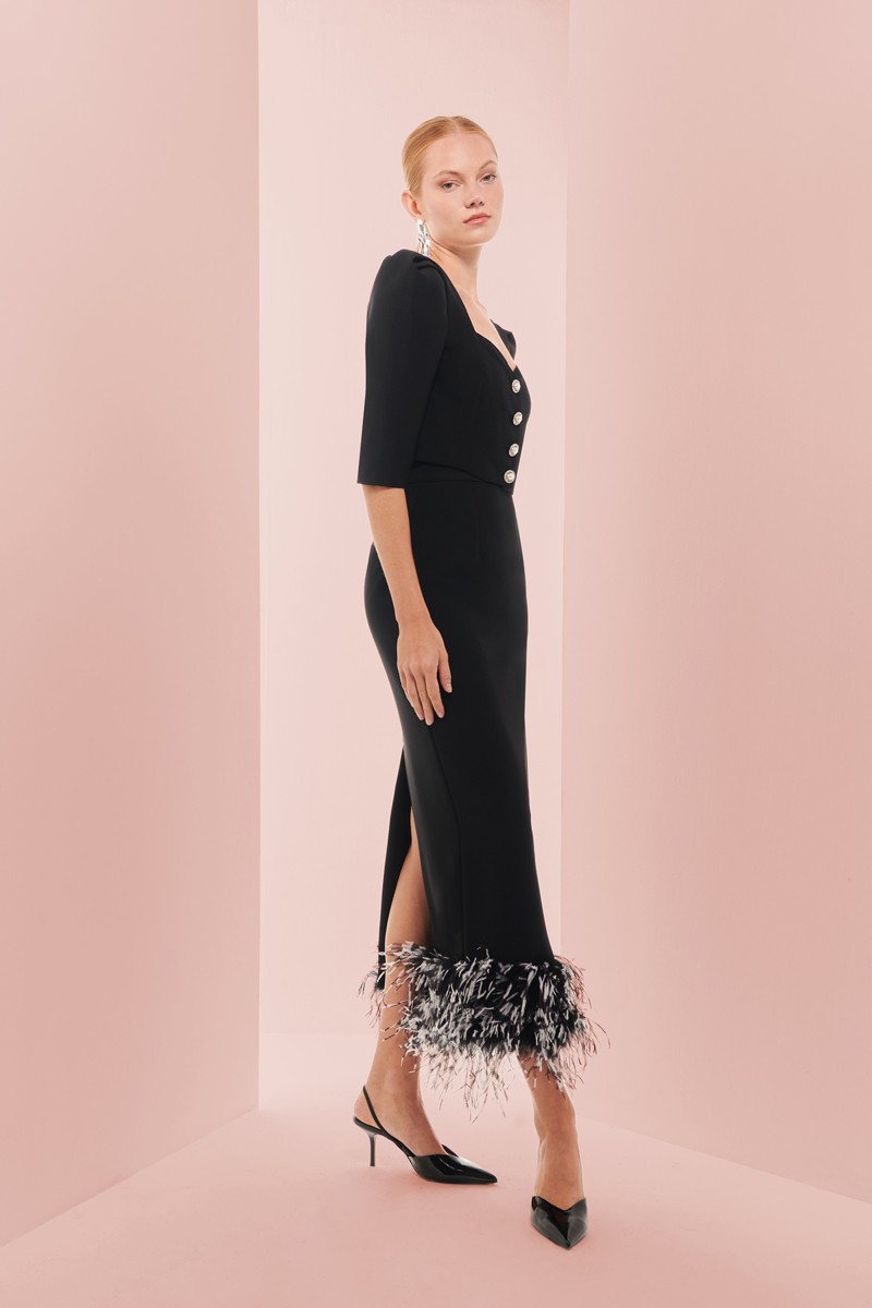 comprar Conjunto de falda y top corto negro con manga francesa, escote corazon y botones joya para invitada boda invierno, evento, comunion, fiesta, navidad, shoponline