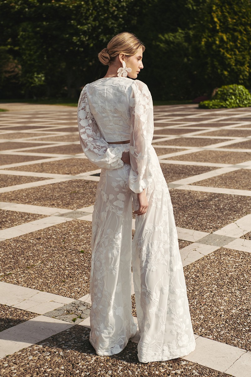 falda/pantalon de gasa bordada blanca para invitada evento, novia civil, fiesta blanca, ibicenca, bohochic