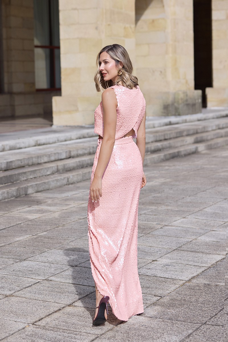 comprar top de lentejuelas en tonos rosa palo, con espalda cruzada para invitadas a boda de dia, noche, bautizo, comunion, graduacion, fiesta, shoponline, apparentia, confirmacion, boda