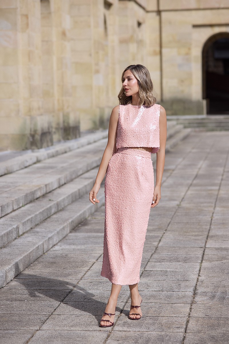 top de fiesta con lentejuelas en tonos rosa palo, con espalda cruzada para invitadas a boda de dia, noche, bautizo, comunion, graduacion, navidad, shoponline, apparentia, confirmacion, boda